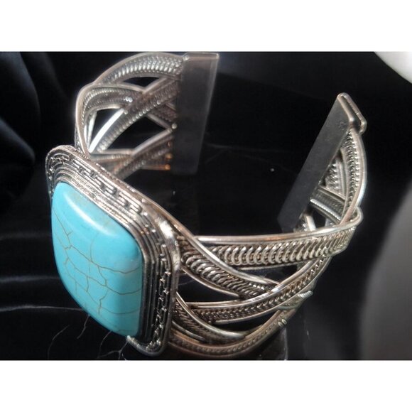 Vintage Tibetan Silver with Synthetic Turquoise Stone Cuff Bracelet Bangles - Picture 7 of 8